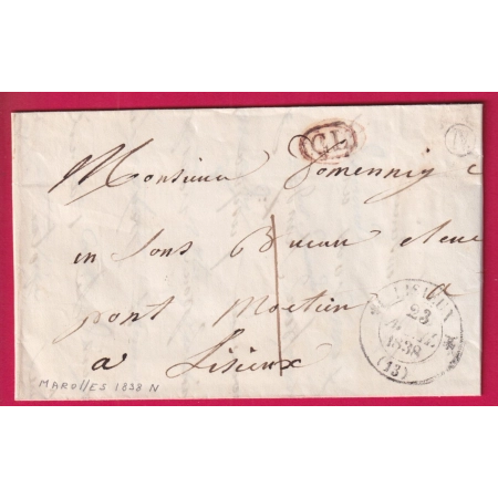 CURIOSTE DECIME RURALE ANNULE PAR CL CAD TYPE 12 LISIEUX CALVADOS 1838 BOITE RURALE N MAROLLES TAXE LOCALE 1 LETTRE