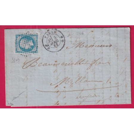 N°14 TB PARIS CERCLE DE POINTS 3309 + 1366 SIGNE BAUDOT POUR MILLAU AVEYRON 1862 LETTRE