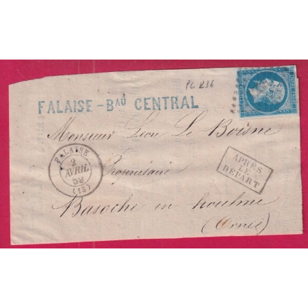 N°14 PC 1236 FALAISE CALVADOS CACHET DE GARE FALAISE BUREAU CENTRAL POIR BAZOCHE ORNE DEVANT DE LETTRE
