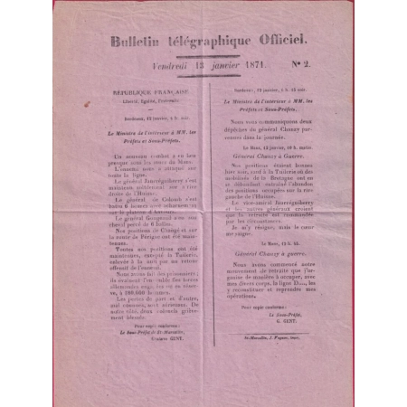 GUERRE 1870 DEPECHE TELEGRAPHIQUE BORDEAUX 13 JANVIER 1871 COMBAT AUTOUR DU MANS SARTHE LETTRE