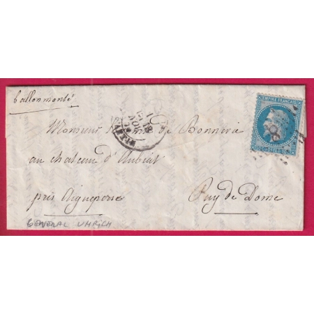 BALLON MONTE LE GENERAL UHRICH POUR AIGUEPERSE PUY DE DOME ARRIVE 26 NOV LETTRE