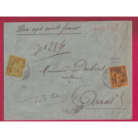 N°96 99  AVESNE LE COMTE PAS DE CALAIS LETTRE CHARGE POUR ARRAS 1892 LETTRE