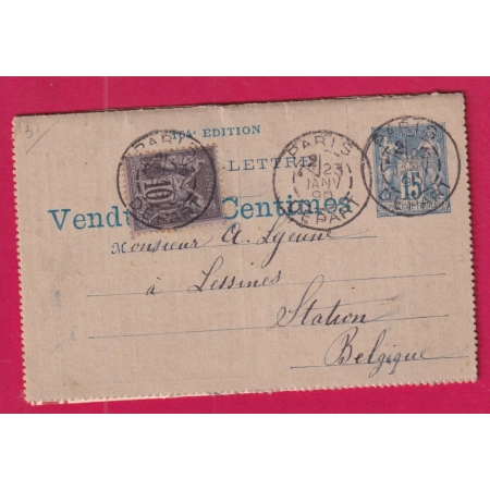 ENTIER SAGE REPIQUAGE ILLUSTREE EN ROUGE PARIS 1890 POUR LESSINES BELGIQUE PUB CATALOGUE TIMBRE POSTE LETTRE