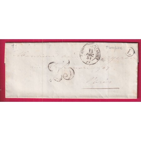 CAD TYPE 15 CASTRES SUR L'AGOUT BOITE RURALE L TROUPIAC TARN POUR PARIS 1851 LETTRE