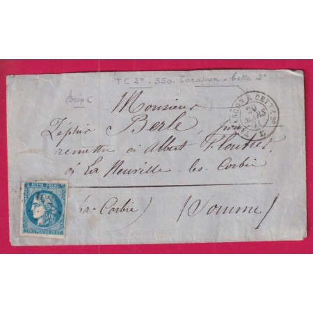 N°46B AMBULANT TC2° TARASCON A CETTE AU DOS CACHET TELEGRAPHIQUE GAILLARGUES GARD NEUVILLE LES CORBIES SOMME LETTRE
