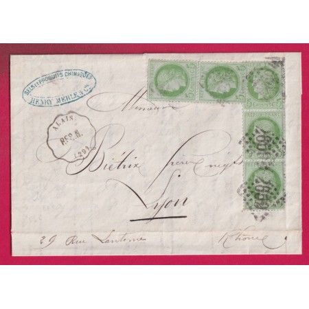 N°53 PAIRE + BANDE DE 3 CONVOYEUR STATION ALAIS GARD GC NIMES POUR LYON 1873 LETTRE