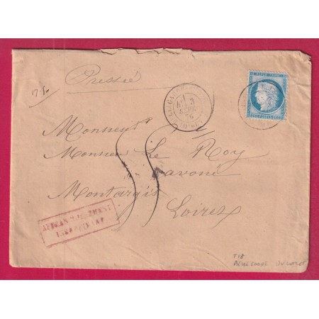 N°60 CAD TYPE 18 BELLEGARDE DU LOIRET TAXE MANUSCRIT 55 POUR MONTARGIS AFFRANCH INSUFF LETTRE
