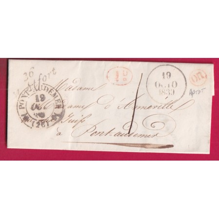 CURSIVE 26 MONTFORT EURE 1839 OR ROUGE APTOT DECIME RURAL TAXE LOCALE 1 PONT AUDEMER LETTRE