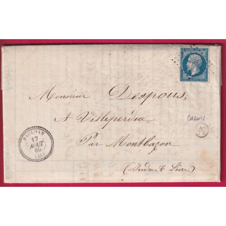 N°14 PC 2391 PAULHAN HERAULT CAD TYPE 22 BOITE RURALE A CAZOULS POUR VILLEPERDUE INDRE ET LOIRE LETTRE