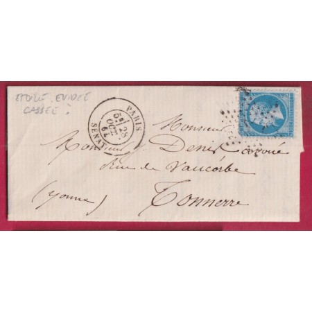 N°22 PARIS SENAT ETOILE EVIDEE OU CASSEE 1864 POUR TONNERRE YONNE LETTRE