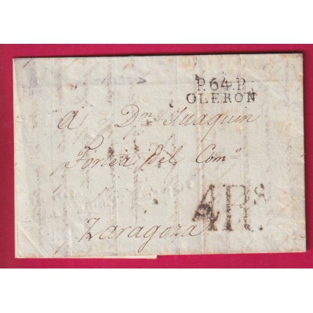 MARQUE P64P OLERON BASSES PYRENEES 1819 POUR ZARAGOZA ESPAGNE SPAIN TAXE ESPAGNOLE AU DOS LETTRE