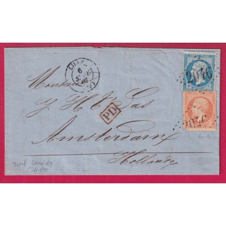 N°22 23 GC 2046 LILLE NORD POUR AMSTERDAM PAYS BAS 1867 LETTRE