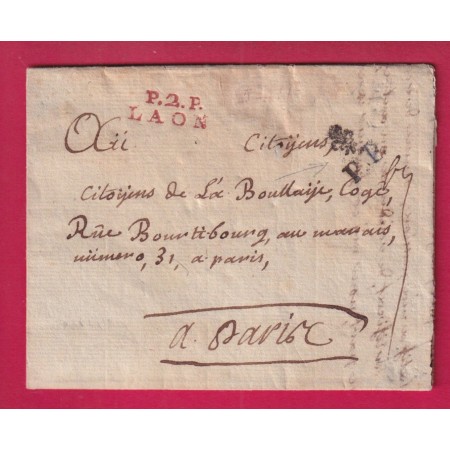 MARQUE P2P LAON EN ROUGE AISNE + PP FLEUR DE LYS PARIS VERS 1790 LETTRE