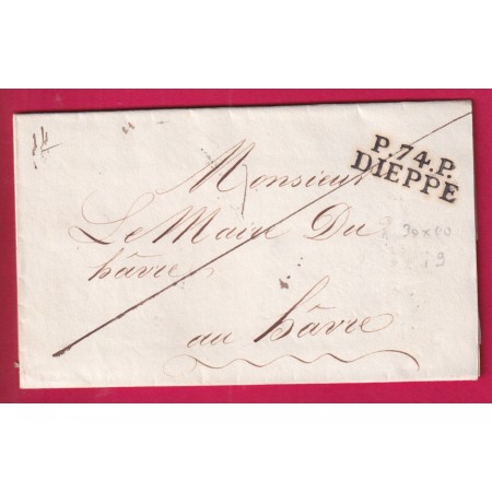 MARQUE P74P DIEPPE SEINE INFERIEURE TRES BELLE FRAPPE POUR LE HAVRE LETTRE