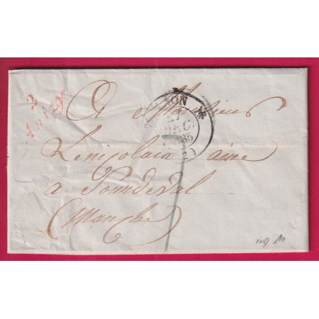 CURSIVE 2 ANIZY EN ROUGE AISNE 1835 CAD TYPE 12 LAON POUR SOURDEVAL MANCHE LETTRE