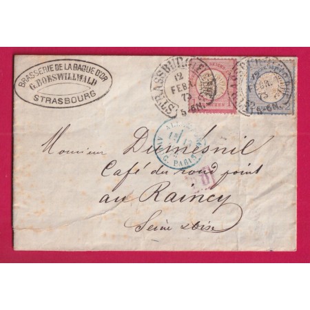 ALSACE LORRAINE STRASBOURG FER A CHEVAL BAS RHIN 1873 POUR LE RAINCY SEINE ET OISE LETTRE
