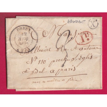 CAD TYPE 14 DREUX EURE ET LOIR BOITE RURALE X ABONDANT + DECIME RURAL POUR PARIS 1843 LETTRE