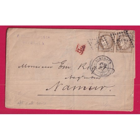 N°56 PAIRE GC 532 BORDEAUX POUR NAMUR BELGIQUE 1874 DOUBLE PORT LETTRE