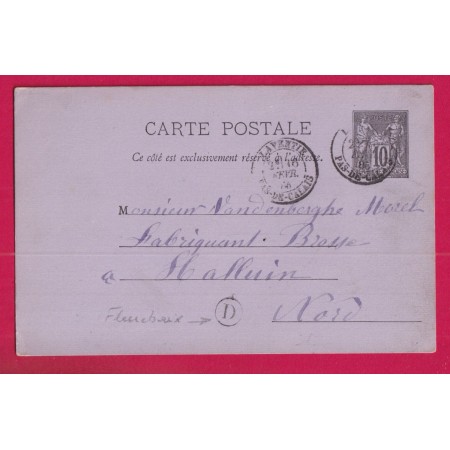 ENTIER 10C SAGE LAVENTIE PAS DE CALAIS BOITE RURALE D FLEURBAIX POUR HALLUIN LETTRE