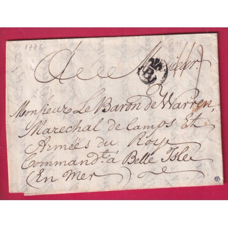 MARQUE B COURONNE BORDEAUX GIRONDE LENAIN N°12 BELLE FRAPPE 1776 INDICE 18 POUR BELLE ILE EN MER ARMEE DU ROI MORBIHAN