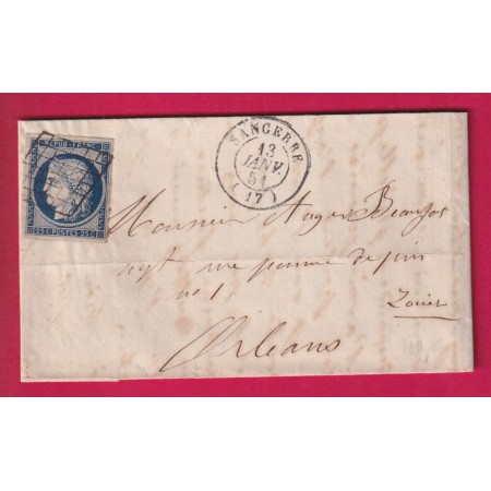 N°4 TTB GRILLE SANCERRE CHER 1851 POUR ORLEANS LOIRET LETTRE