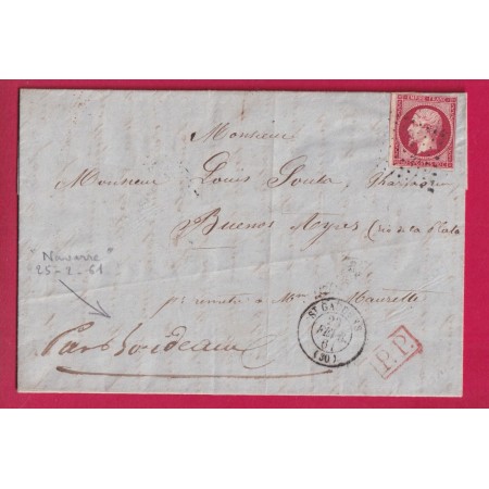 N°17A PC 3072 ST GAUDENS HAUTE GARONNE POUR BUENOS AIRES ARGENTINE ARGENTINA 1861 LETTRE