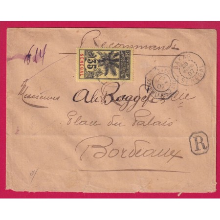 DAKAR SENEGAL RECOMMANDE 35C COCOTIER 1907 POUR BORDEAUX LETTRE