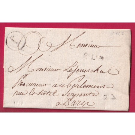 PETITE POSTE DE PARIS BUREAU J PORT PAYE LEVEE + QUANTIEME TEXTE PARIS 1767 LETTRE