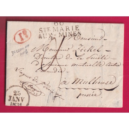 MARQUE 66 STE MARIE AUX MINES HAUT RHIN DECIME RURALE DE STE CROIX AU MINES RARE EN 1831 AVEC MARQUE LINEAIRE MULHOUSE
