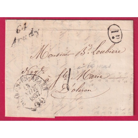 TAXE 1 DE FABRICATION LOCALE CURSIVE 64 ARUDY BASSES PYRENEES POUR OLORON STE MARIE 1837 LETTRE