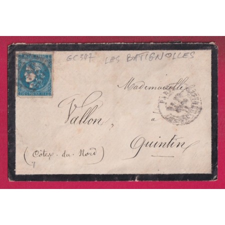 N°46B GC 347 PARIS LES BATIGNOLLES PENDANT LA COMMUNE DE PARIS ARRIVE QUINTIN COTES DU NORD 30 MARS 1871 LETTRE