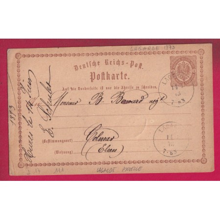 ALSACE LORRAINE LAGARDE MOSELLE 1873 SUR ENTIER POUR COLMAR LETTRE
