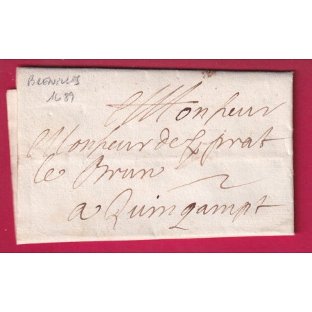 LETTRE DE BRENNILIS FINISTERE 1689 POUR QUINGAMP COTES DU NORD TAXE 2LETTRE