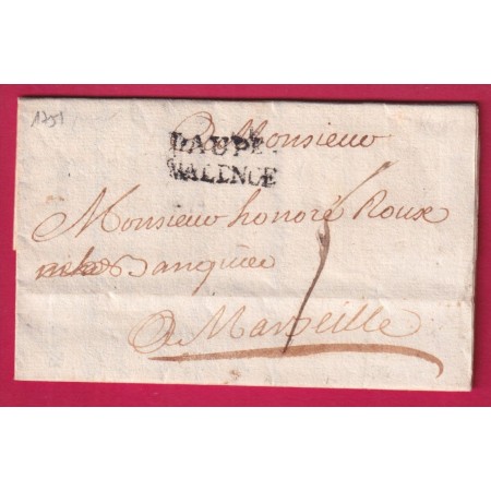 MARQUE DAUPH VALENCE DROME 1751 LENAIN N°3 INDICE 13 POUR MARSEILLE BOUCHES DU RHONE LETTRE