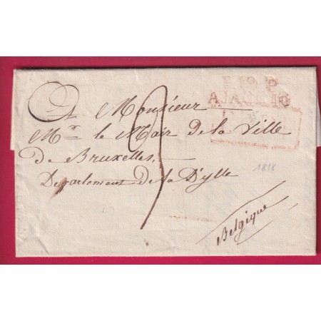 MARQUE P19P AJACCIO CORSE 1818 EN ROUGE POUR BRUXELLES BELGIQUE LETTRE