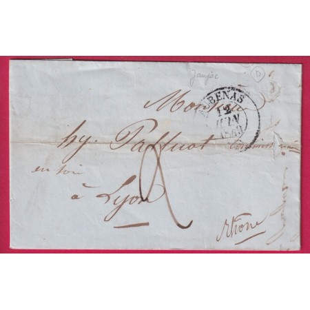 CAD TYPE 13 AUBENAS ARDECHE BOITE RURAL D JAUJAC POUR LYON RHONE 1849 LETTRE