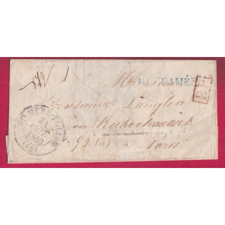 MARQUE RECLAMEE EN BLEU CAD TYPE 13 STE MERE EGLISE MANCHE + PP  ROUGE 1840 POUR PARIS CACHET DE FACTEUR LETTRE
