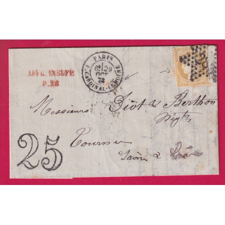 N°59 PARIS ETOILE 28 R CARDINAL LEMOINE TAXE TAMPON 25 + AFFR INSUFF P28 POUR TOURNUS SAONE ET LOIRE LETTRE