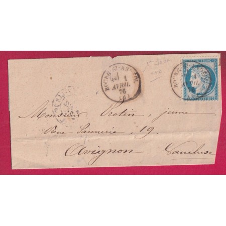 N°60 PREMIER JOUR DU CAD SUR TIMBRE 1ER AVRIL 1876 CAD TYPE 16 BOURG ST ANDEOL ARDECHE POUR AVIGNON VAUCLUSE LETTRE