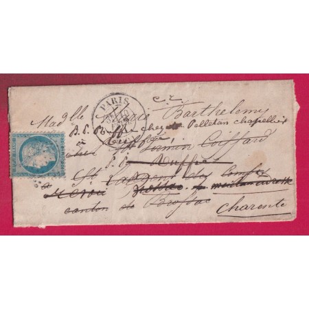 PARIS REPRISE DU COURRIER APRES LE SIEGE 10 FEVRIER 1870 POUR BROSSAC CHARENTE REEXPEDIE PLUSIEUR FOIS RUFFEC LETTRE