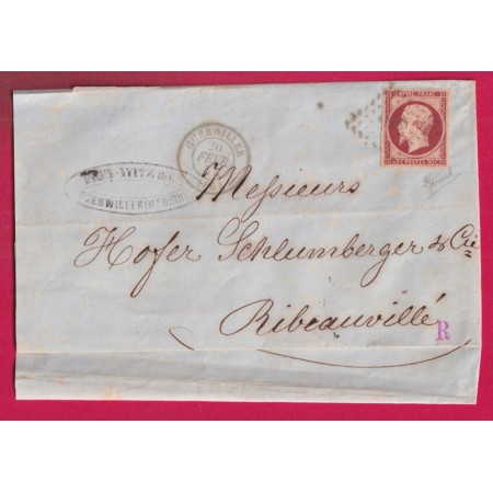 N°17Ad VERMILLONNE SIGNE JAMET  PC 1460 GUEBWILLER HAUT RHIN POUR RIBEAUVILLE LETTRE