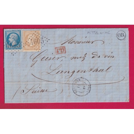 N° 21 22 GC 4605 BENNWIHR HAUT RHIN OR MITTELWIHR POUR LONGENTHAL SUISSE 1867 LETTRE
