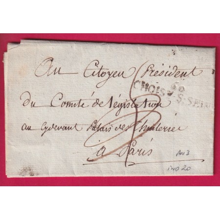 MARQUE REVOLUTIONNAIRE 60 CHOISY SUR SEINE AN3 1795 POUR PARIS RARE INDICE 20 FRANCHISE TAXE ANNULE LETTRE