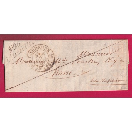 CURSIVE 26 BEUZEVILLE EURE + PP ROUGE TYPE 12 PONT AUDEMER POUR LE HAVRE SEINE INFERIEURE LETTRE 1836