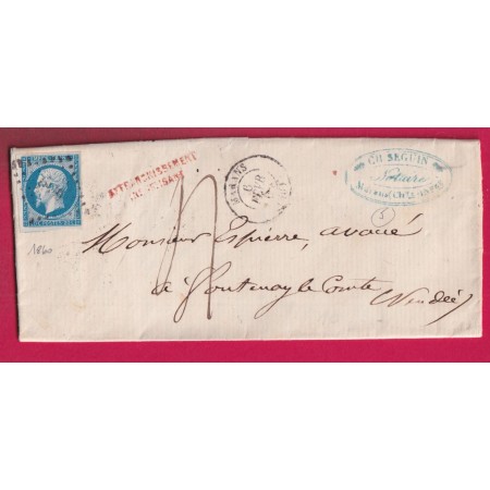 N°14 PC 1860 MARANS CHARENTE INFERIEURE GRIFFE ROUGE AFFRANCH INSUFF FABRICATION LOCALE POUR FONTENAY LE COMTE VENDEE