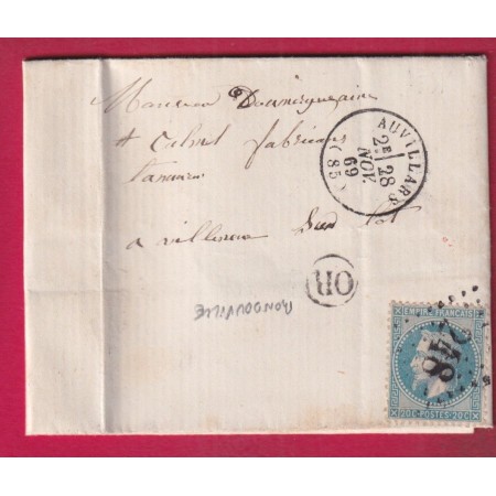 N°29 GC 248 AUVILLARD TARN ET GARONNE OR MONDOUVILLE 1869 POUR VILLENEUVE SUR LOT LETTRE