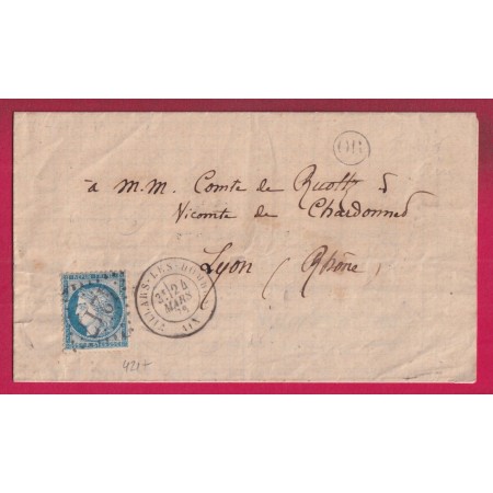 N°60 GC 4217 CAD TYPE 18 VILLARS LES DOMBES AIN +OR POUR LYON RHONE 24 MARS 1876 LETTRE
