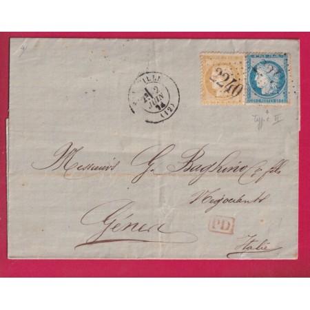 N°60B TYPE II + 59 GC 2240 MARSEILLE POUR GENES ITALIE 1874 LETTRE
