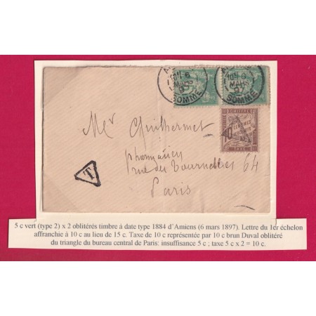 N°75 X2 AMIENS SOMME TAXE 10C MARON TYPE DUVAL 1897 POUR PARIS LETTRE