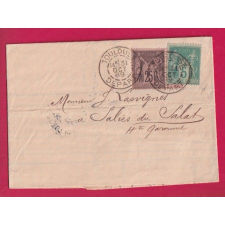 N°75 97 DAGUIN TOULOUSE DEPART 1886 POUR SALIES DU SALAT HAUTE GARONNE LETTRE